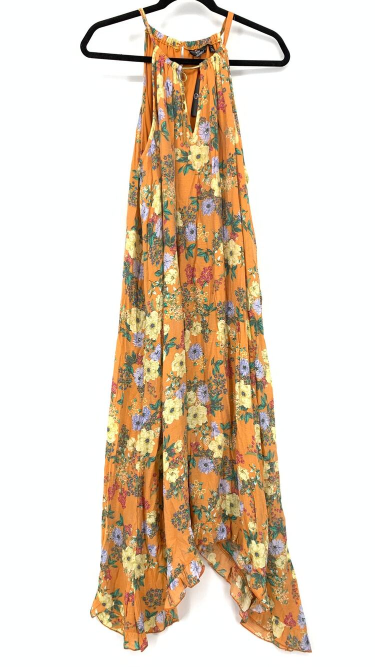 Mlle Gabrielle Halter Keyhole Neck Maxi Dress Womens Size 1X Orange Floral Print